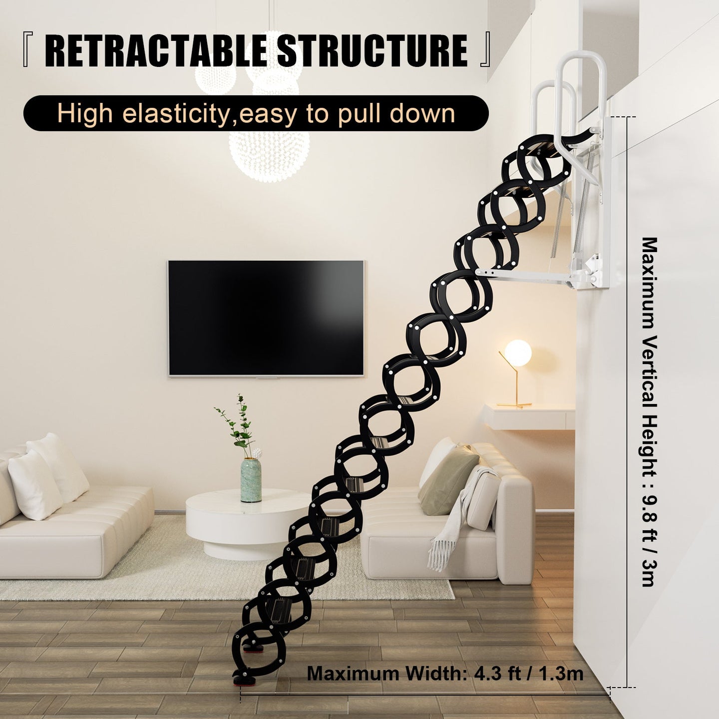 12-Step Folding Attic Ladder for 27.6" x 23.6" Wall Opening, 600 lbs Capacity Pull-Down Loft Stairs, up to 9.84ft Ceiling Height (Black)