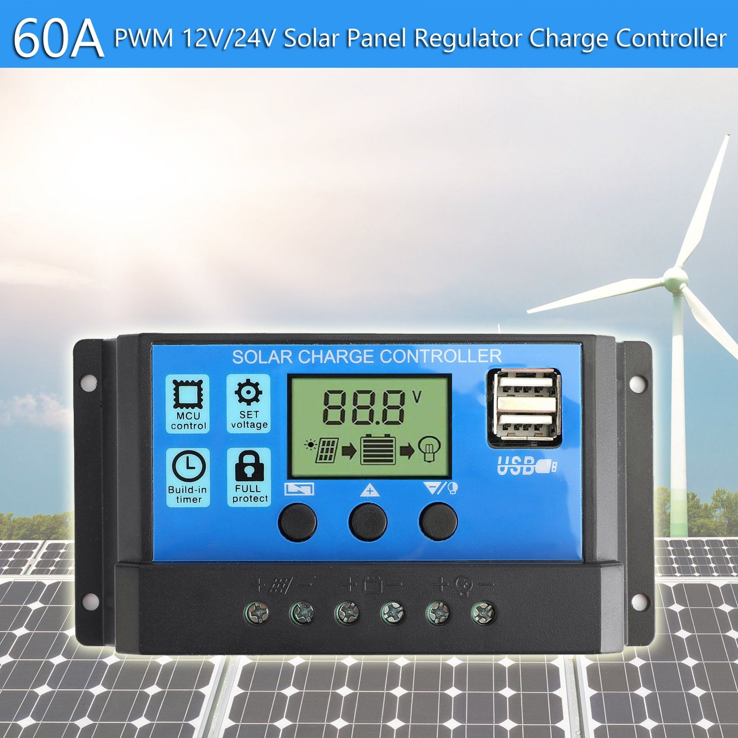 12V/24V Battery Regulator Solar Panel Charge Dual USB LCD 60A Controller PWM