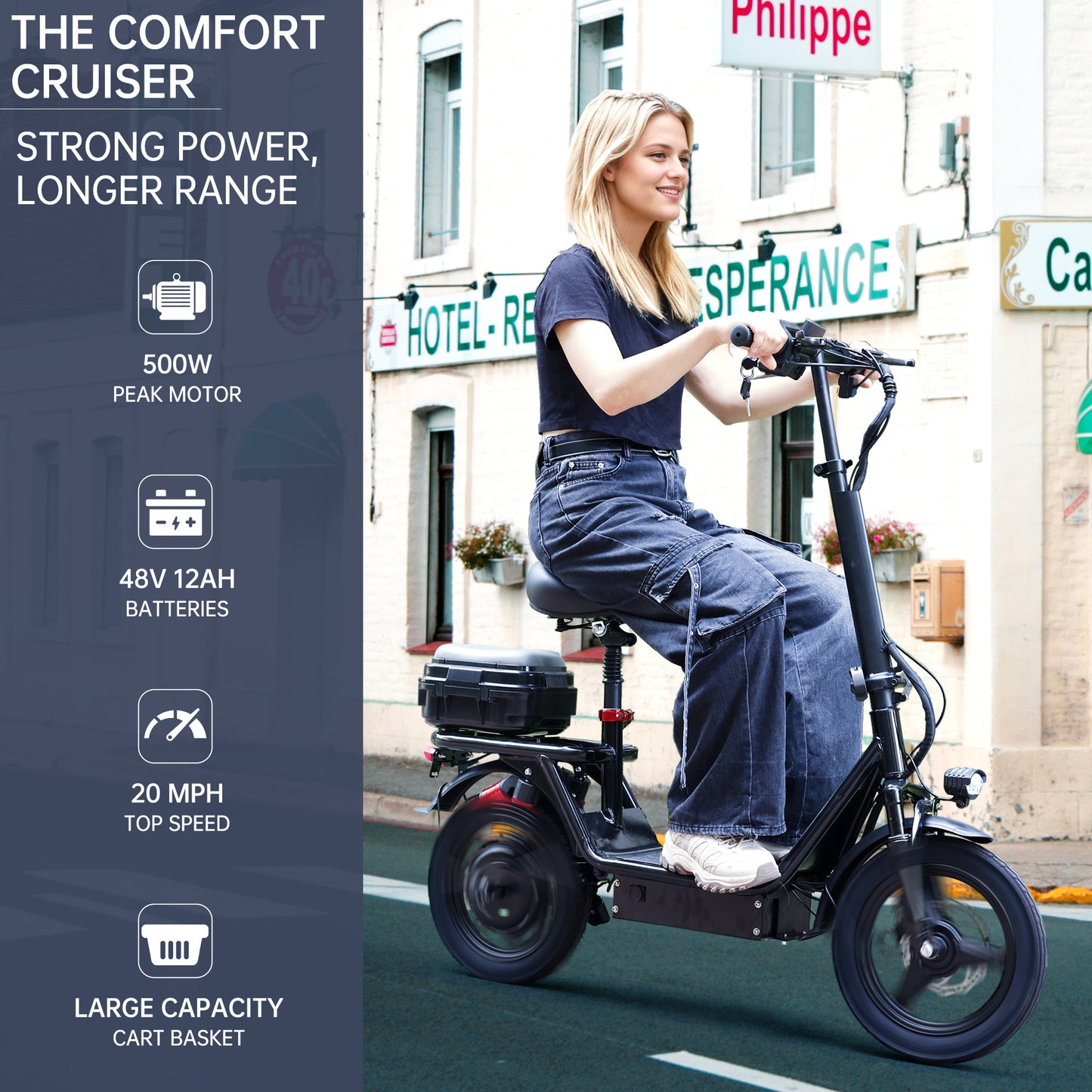 500W Adult Shock Absorption Electric Scooter with Seat 14" Commuter Electric Scooter With Carry Basket - Up to 30 Miles 20MPH