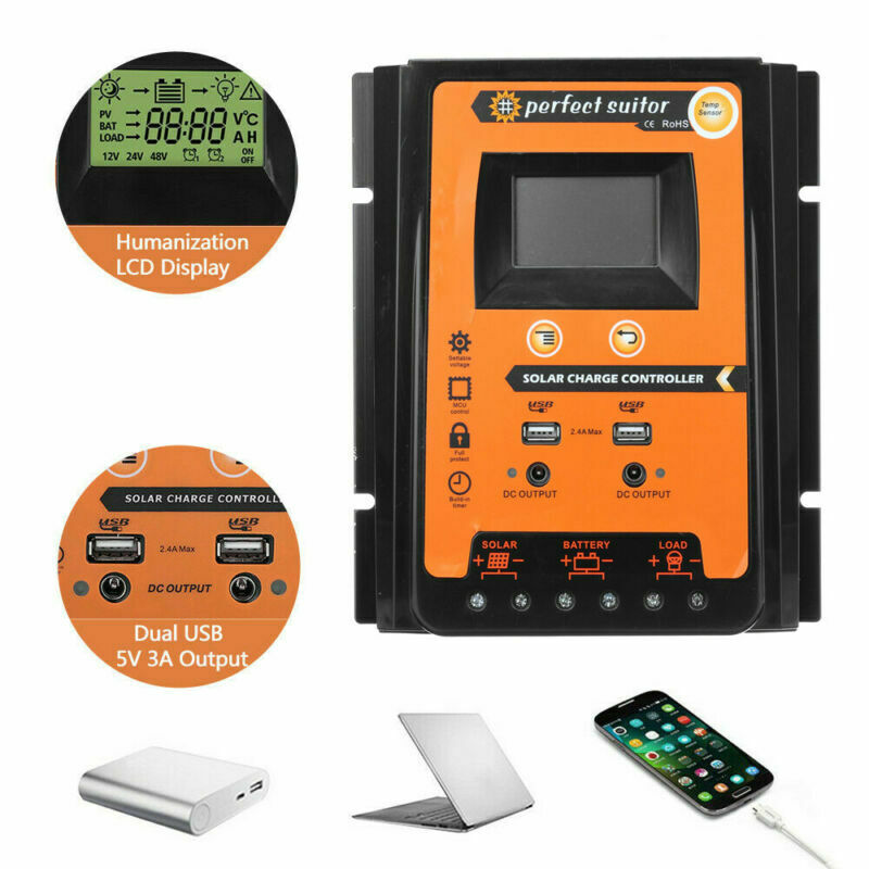 Battery Panel Dual USB 12/24V Solar Charger Controller 70A Regulator