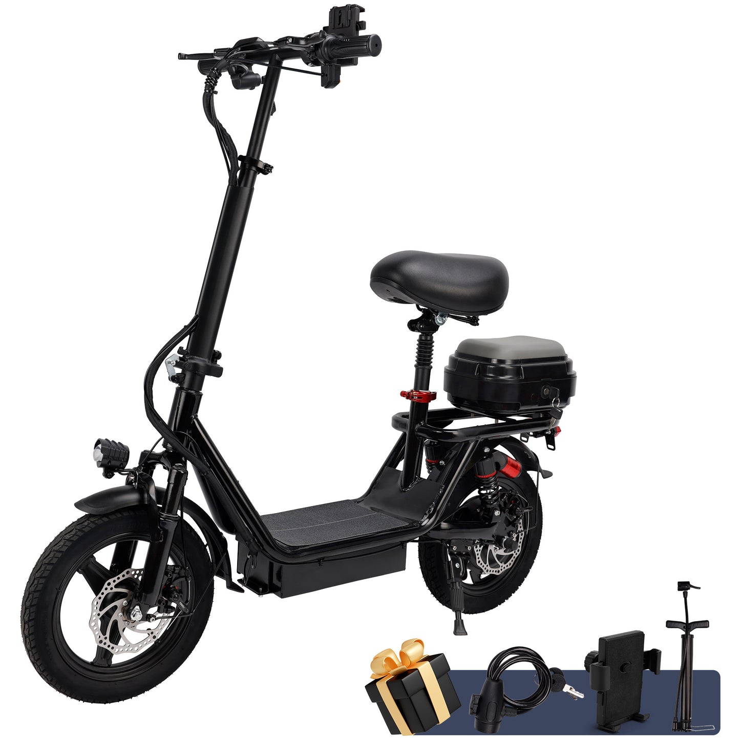 500W Adult Shock Absorption Electric Scooter with Seat 14" Commuter Electric Scooter With Carry Basket - Up to 30 Miles 20MPH