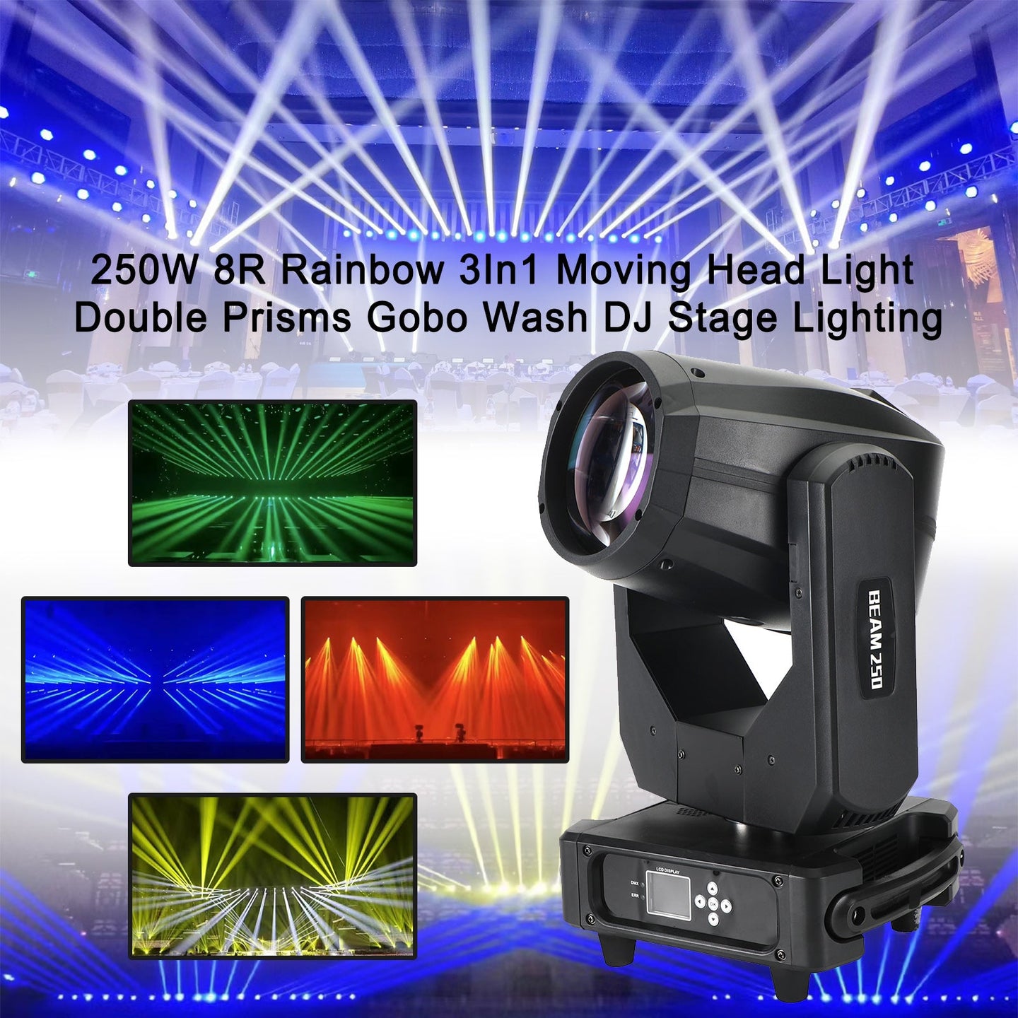 250W 8R Moving Head Stage Light – RGBW 3-in-1 Beam Spot Wash with Double Prism & Gobo for DJ Disco Party