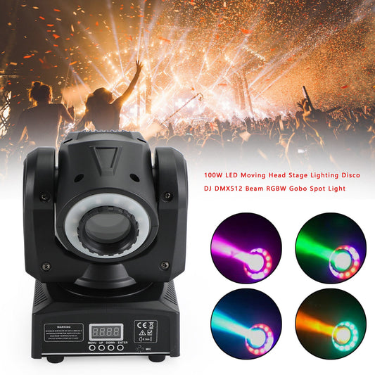 100W LED Moving Head Stage Light – RGBW Beam Spot Gobo DMX512 DJ Disco Party Lighting