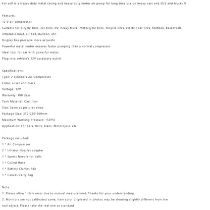 12V 150PSI Heavy Duty Air Compressor Pump Inflator Auto Car Truck Compressor