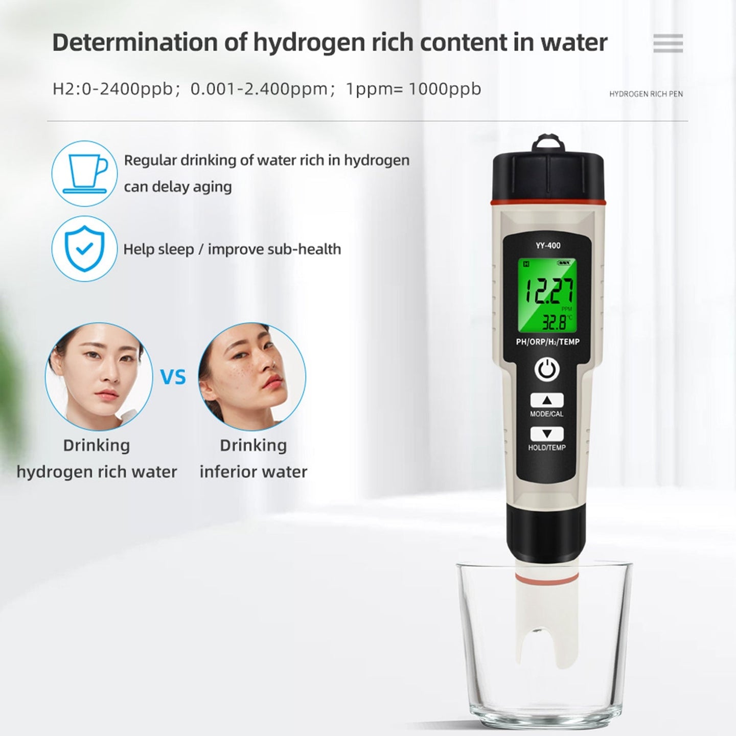 Portable 4-in-1 Hydrogen-Rich Water Test Pen – PH, ORP, Temp Meter Tester