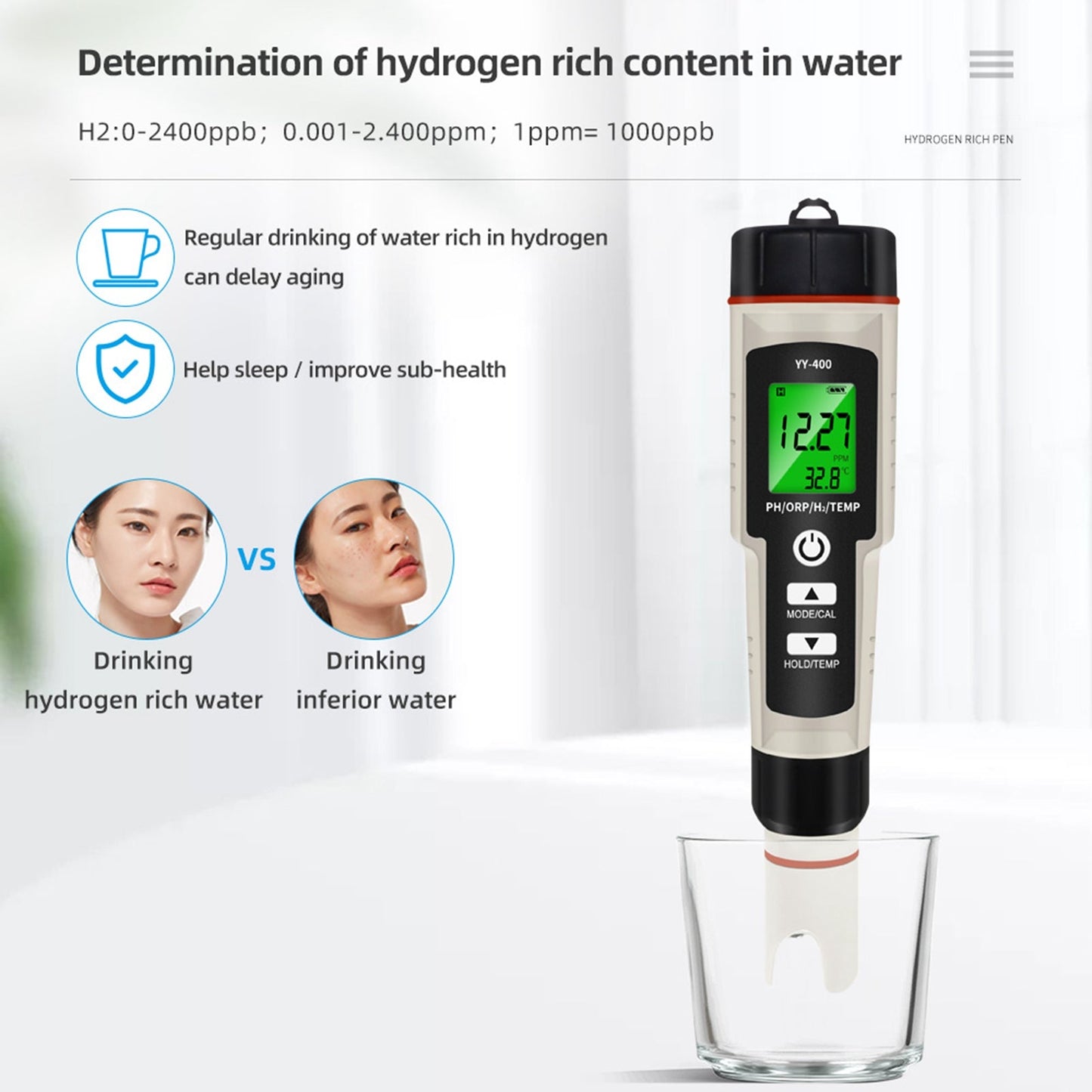 Digital Hydrogen Water Tester, 4-in-1 Meter for H2, pH, ORP & Temperature for Bottles & Generators