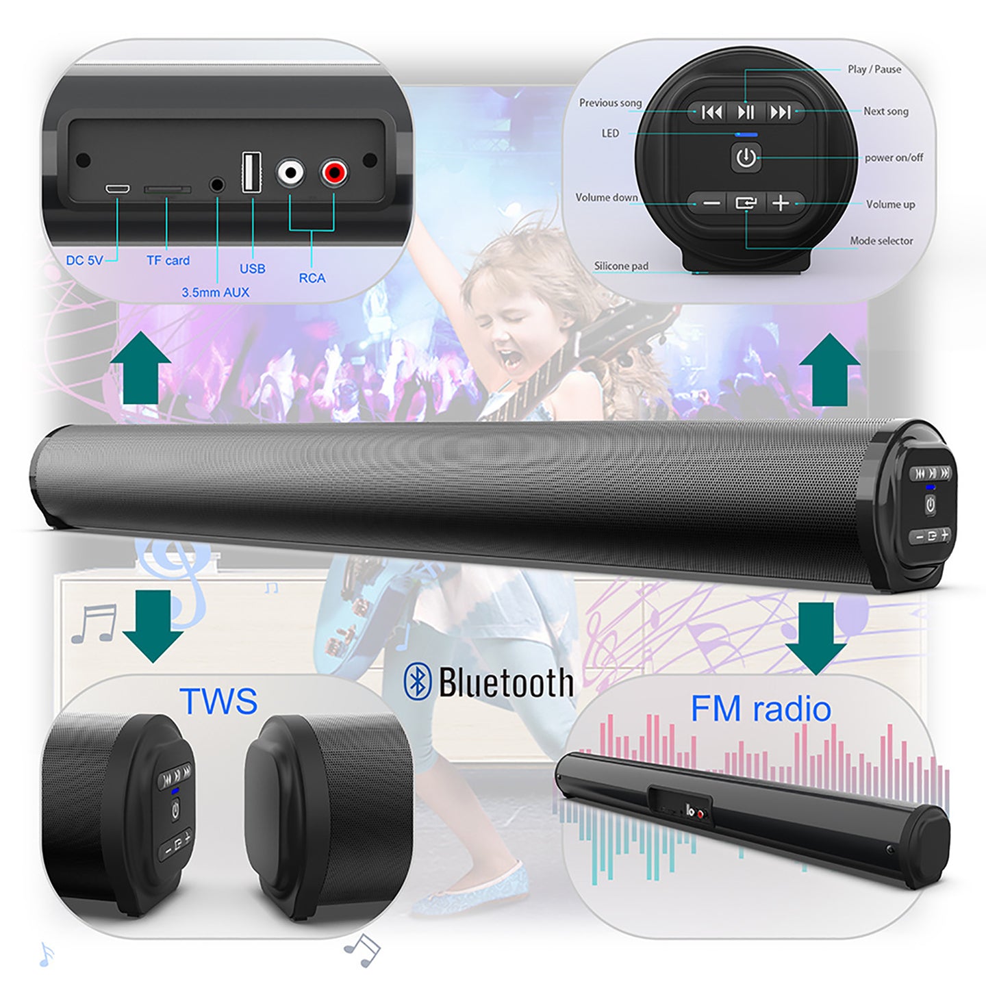 Bluetooth Wireless Sound Bar System – 4 Speaker Subwoofer for TV & Home Theater