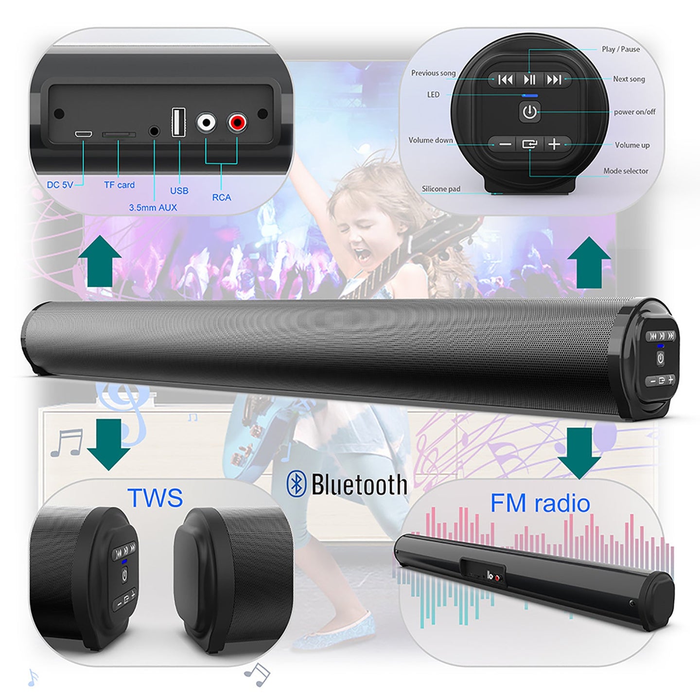 Bluetooth Wireless Sound Bar System – 4 Speaker Subwoofer for TV & Home Theater