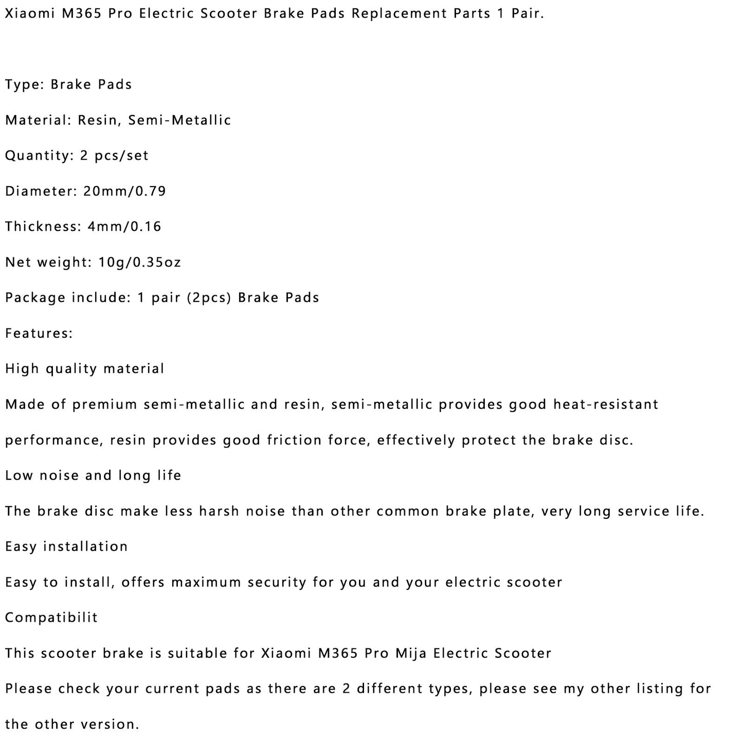 1 Pair E-Scooter Brake Pads Xiaomi M365 Pro Replacement