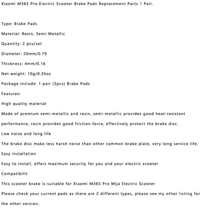 1 Pair E-Scooter Brake Pads Xiaomi M365 Pro Replacement