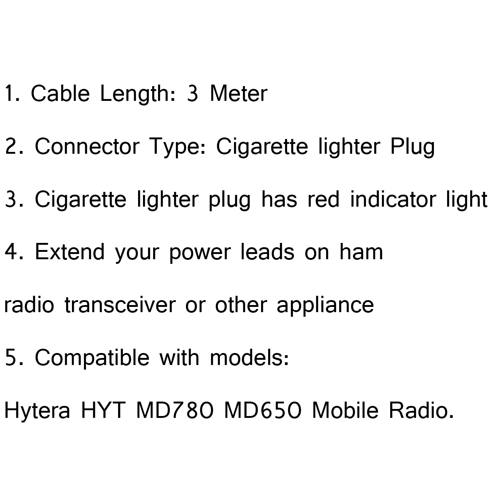 1Pcs 12V DC Power Cable Cord Cigarette Lighter For Hytera MD780 MD650 Radio 1.5m