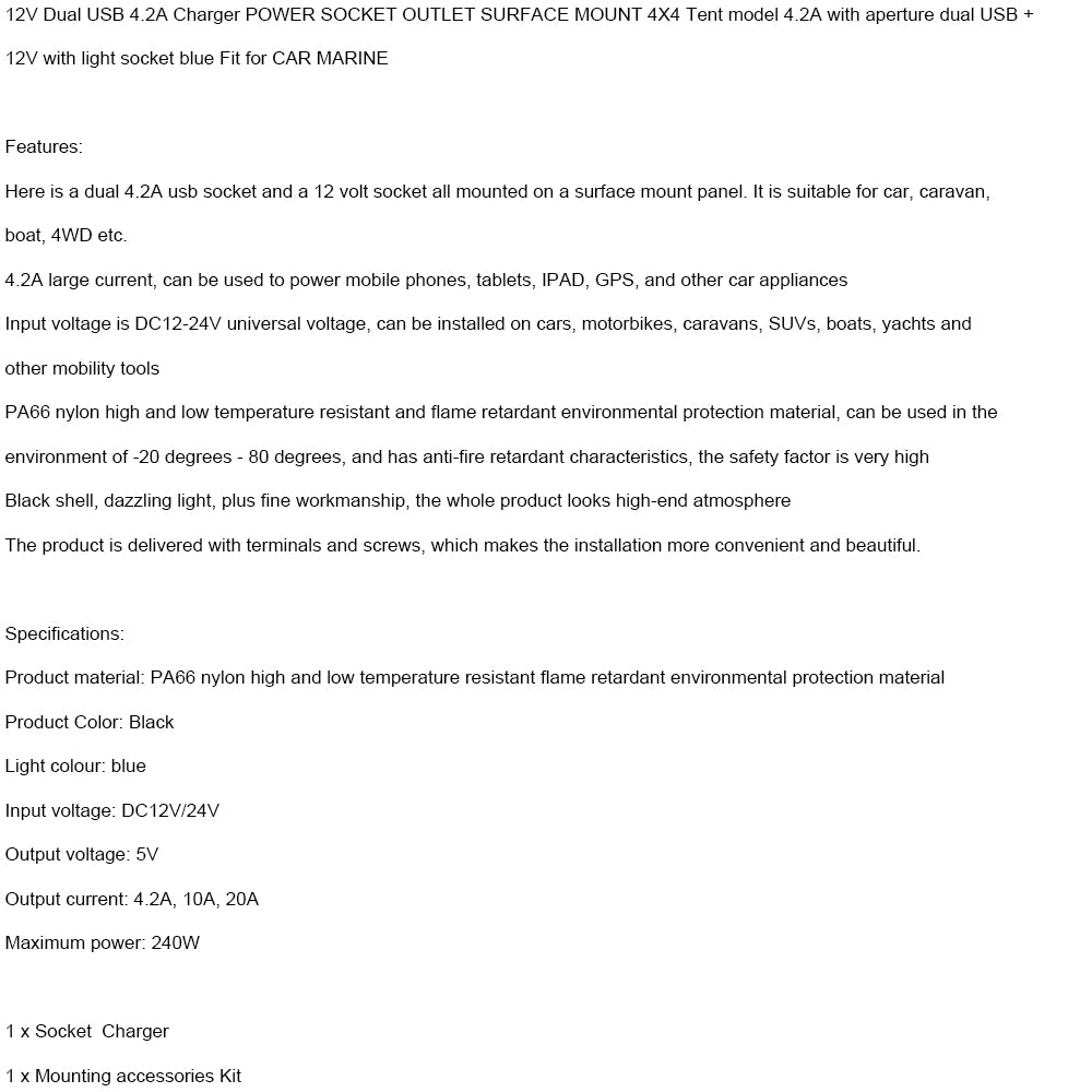 12V Dual USB Car Charger Socket – 4.2A Power Outlet with Surface Mount for Marine, RV, Truck, Boat