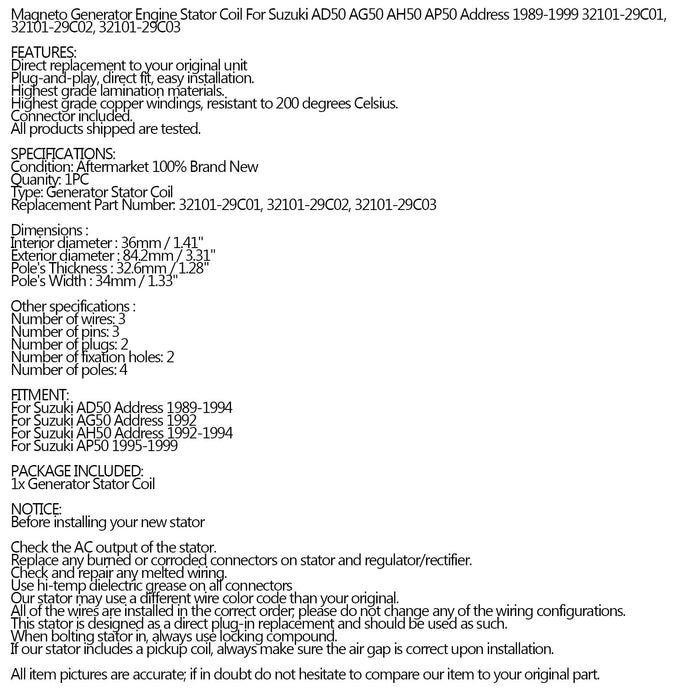 1989-1999 Suzuki AD50 AG50 AH50 AP50 Address 50 Magneto Stator Coil