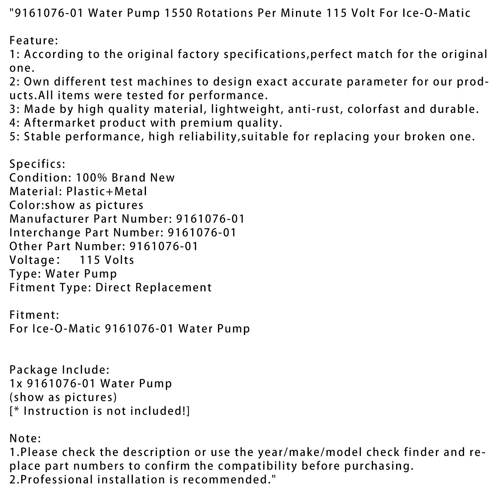 9161076-01 Water Pump 1550 Rotations Per Minute 115 Volt For Ice-O-Matic