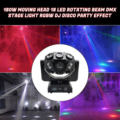 180W RGBW LED Moving Head Stage Light – 18 Beam Rotating DMX DJ Disco Party Effect