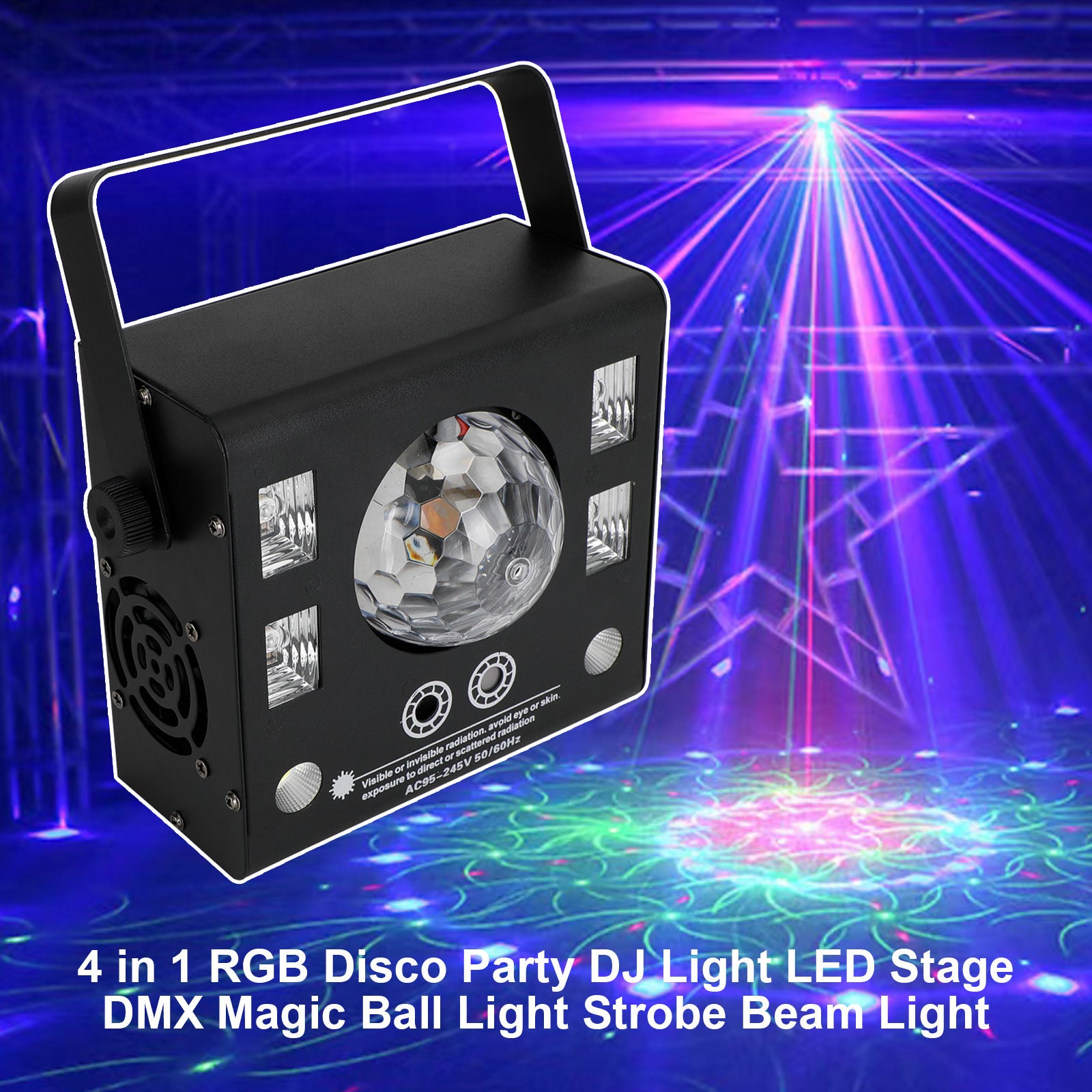 4-in-1 DJ Party Light with Strobe, UV Blacklight, Magic Ball & Laser, DMX & Sound Activated with Remote