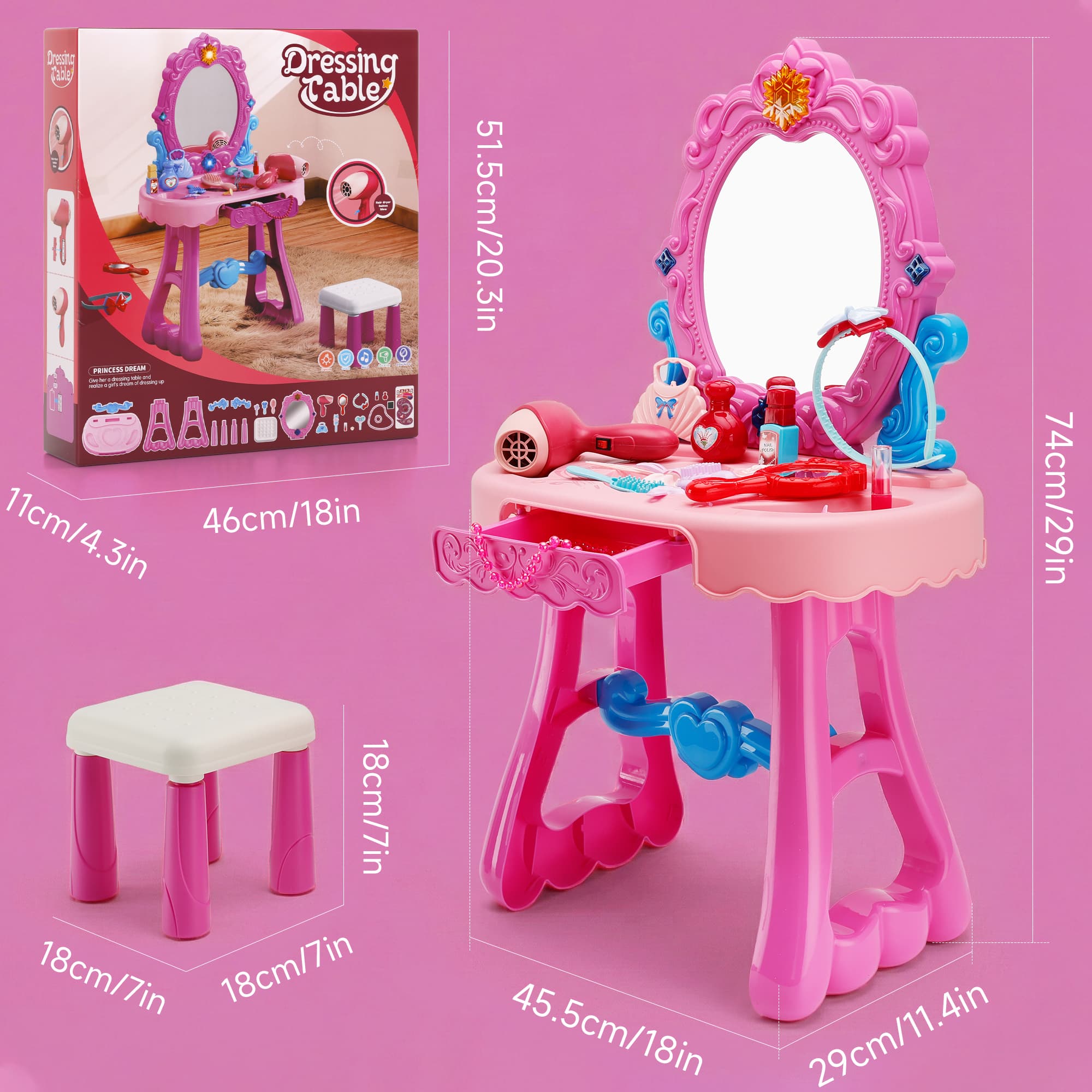 Toddler Makeup Table with Mirror and Chair Kids Vanity Set with Blowdryer for 3+