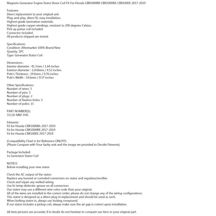 2017-2019 Honda CBR 1000 RR RA SP Alternator Stator Generator
