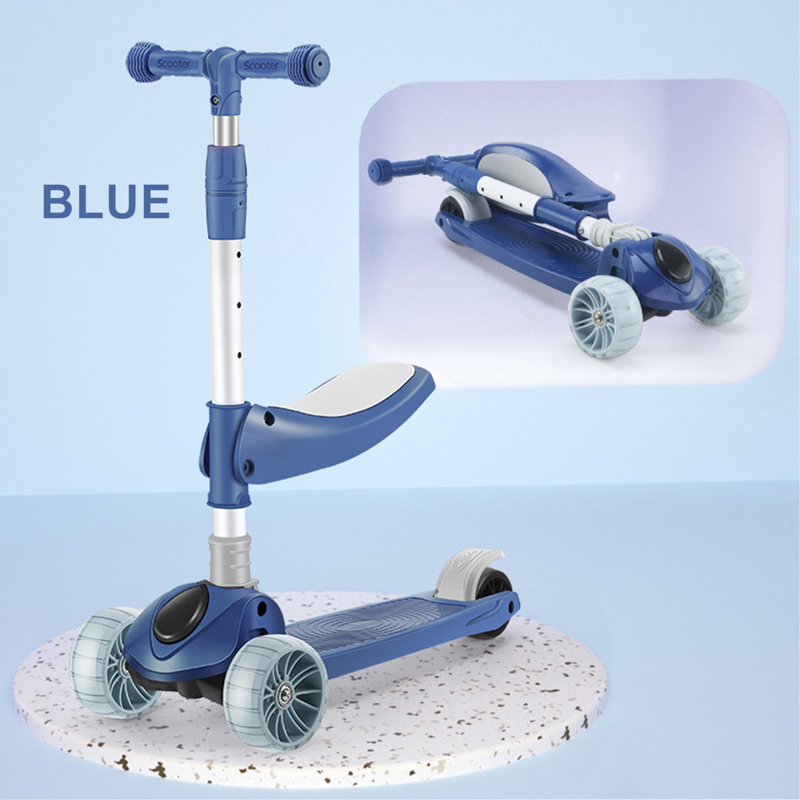 Kids 3-Wheel Scooter with Seat â€?Foldable Design, LED Wheels & Adjustable Handlebar (Blue)