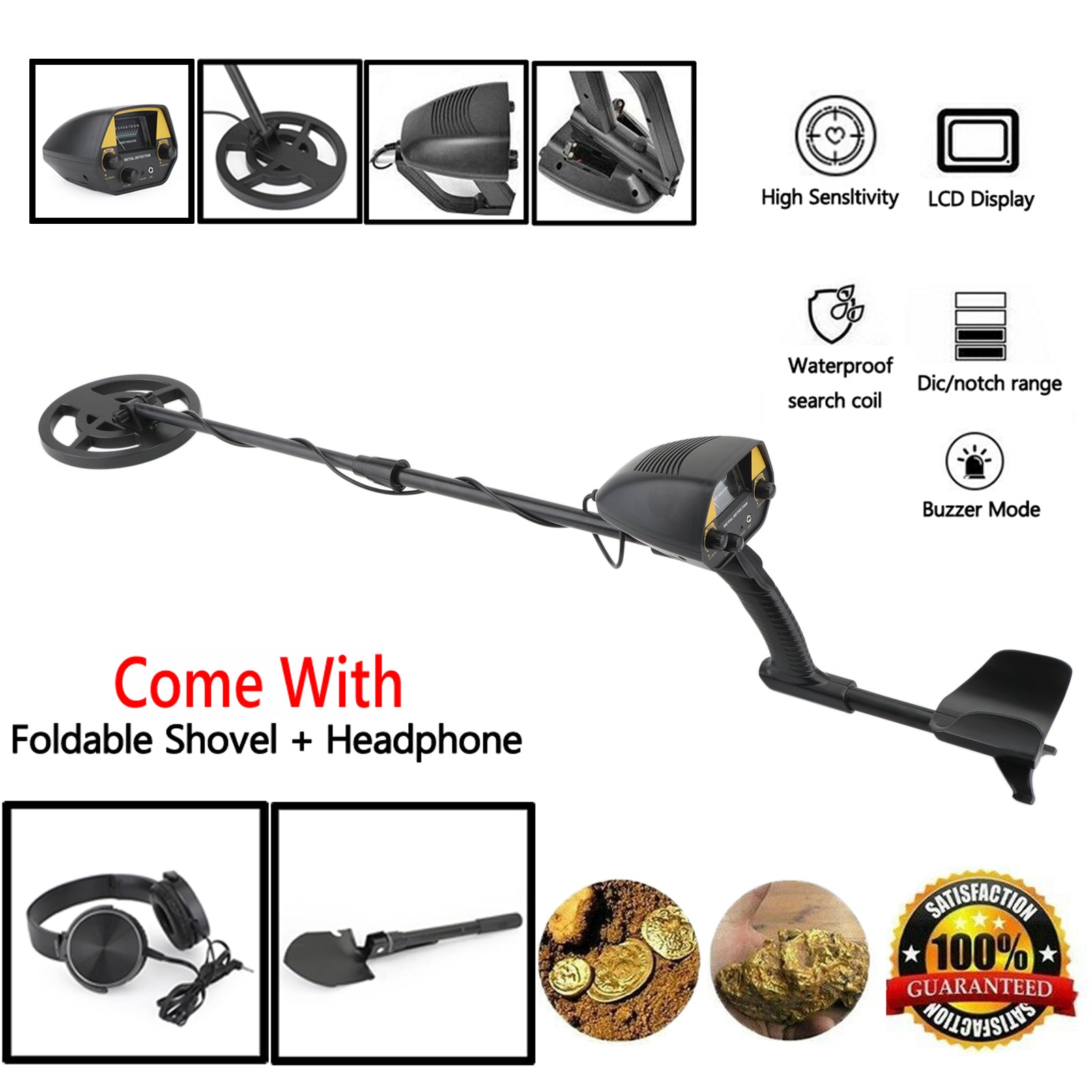 3 in 1 Deep Sensitive Big Coil Metal Detector + Shovel + Headphone