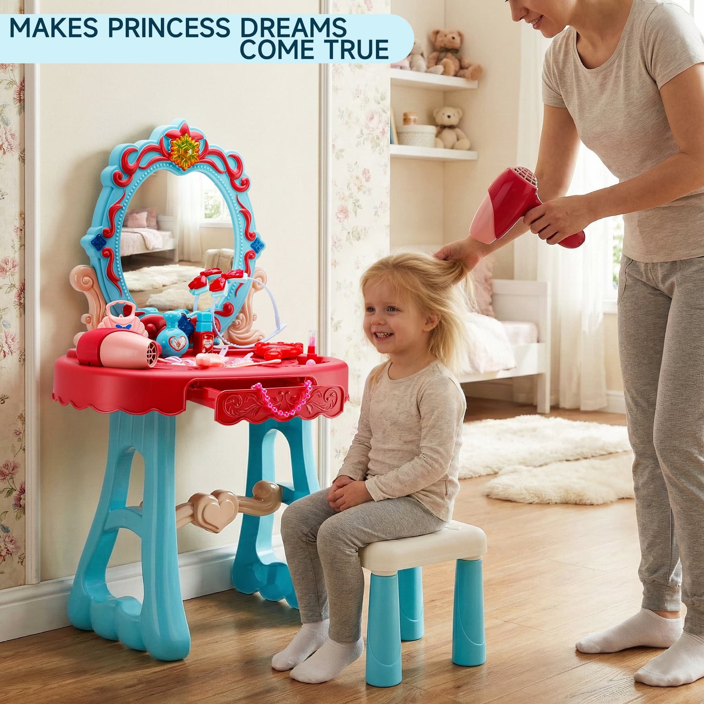 Toddler Makeup Table with Mirror and Chair Kids Vanity Set with Blowdryer for 3+