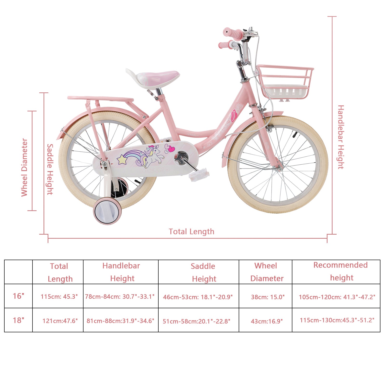 18" Child Bicycle Girls Bike with auxiliary wheels & Rack & Basket Pink