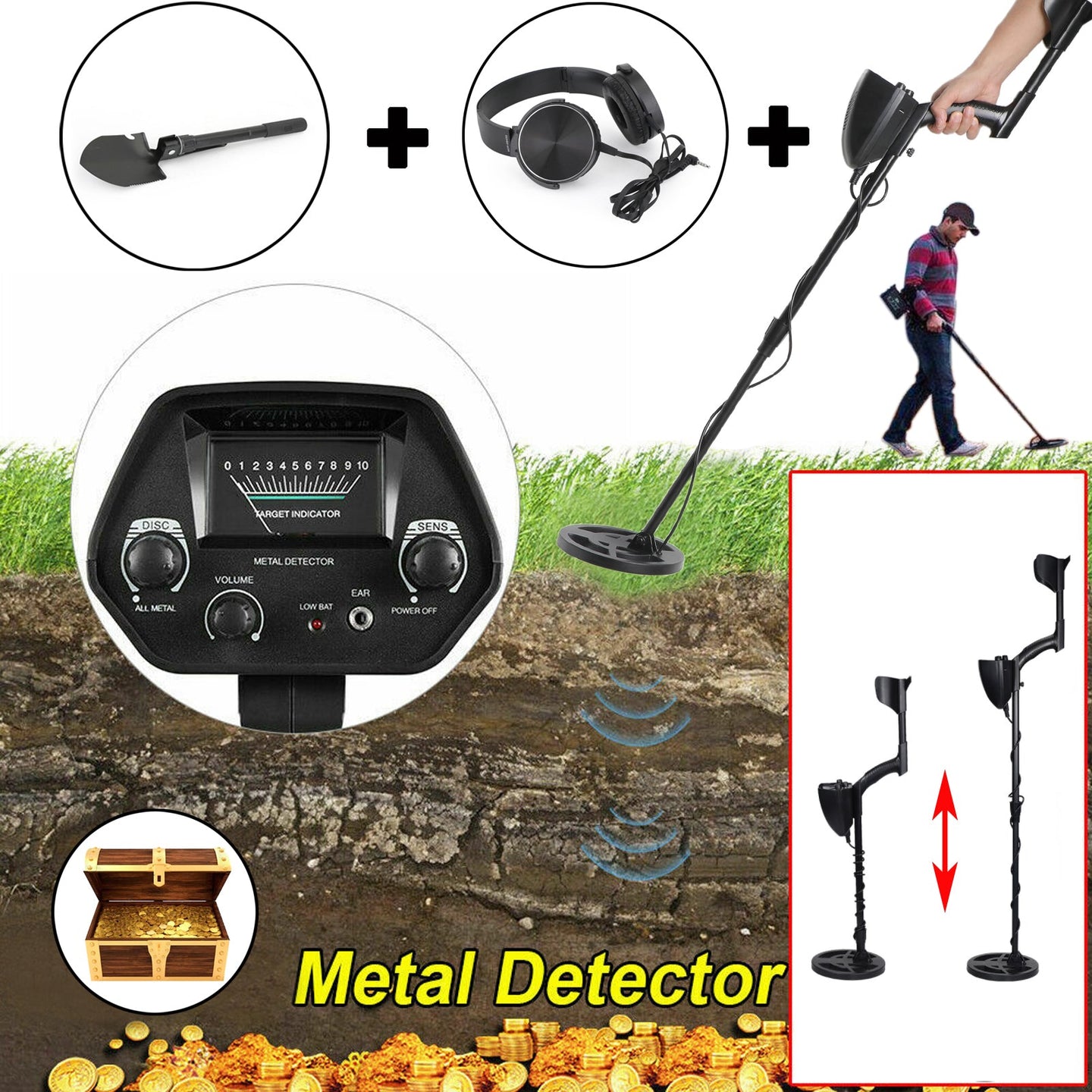 Shovel + Headphone + Metal Detector Gold Digger Hunter Waterproof Deep Sensitive