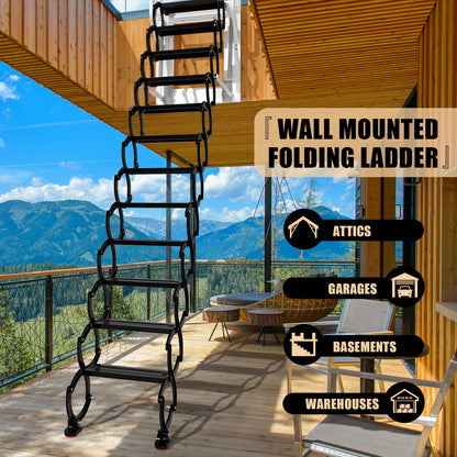12-Step Folding Attic Ladder for 27.6" x 23.6" Wall Opening, 600 lbs Capacity Pull-Down Loft Stairs, up to 9.84ft Ceiling Height (Black)