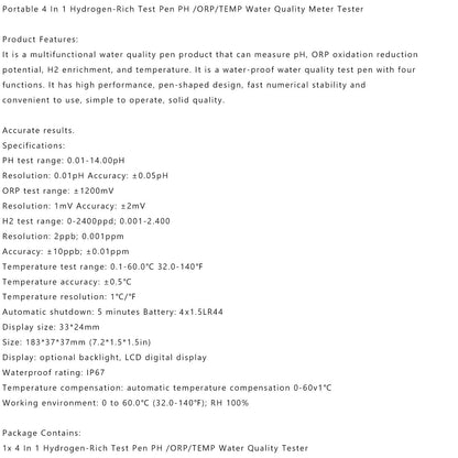 Digital Hydrogen Water Tester, 4-in-1 Meter for H2, pH, ORP & Temperature for Bottles & Generators