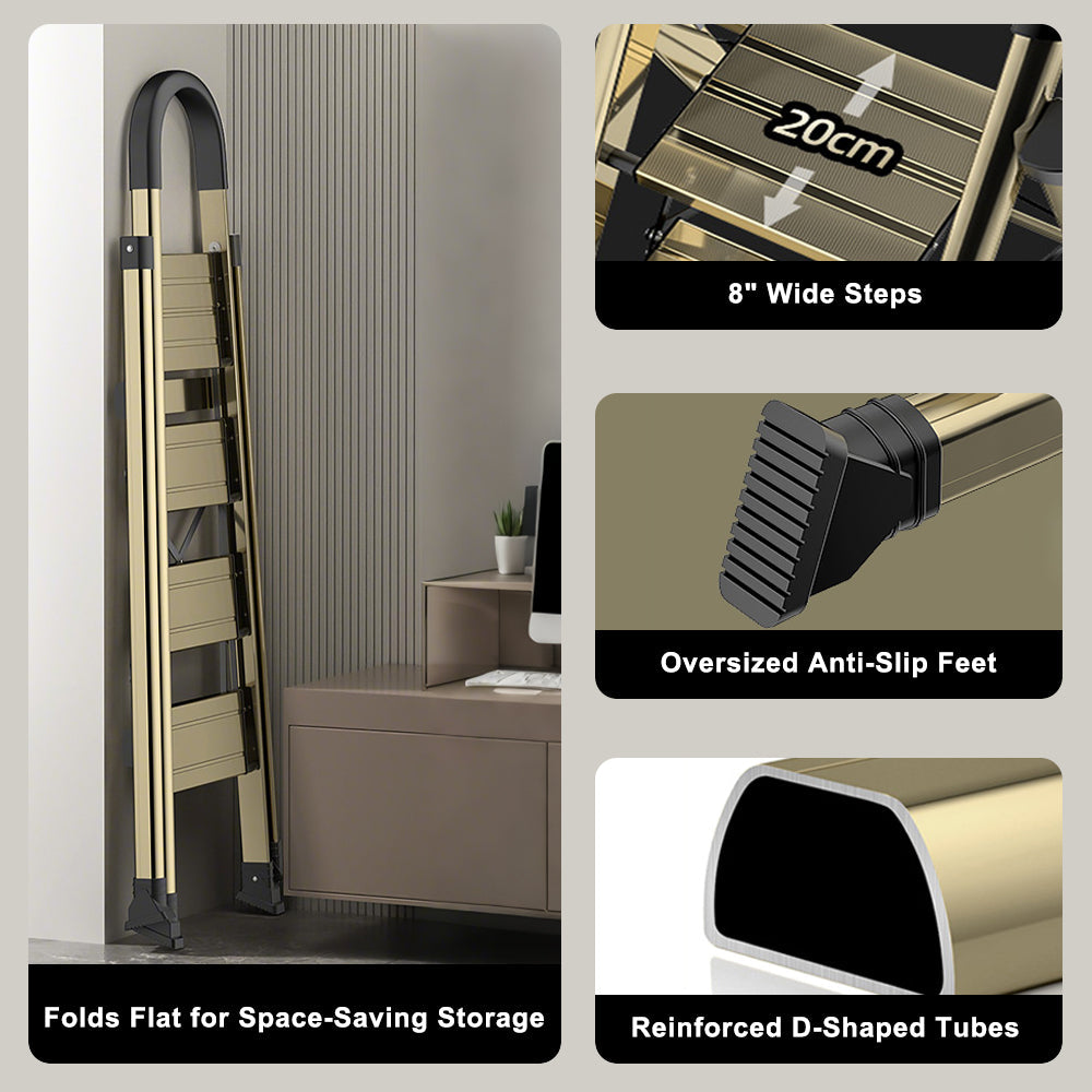 Ultra-Slim 4-Step Folding Ladder, Folds to 2.8", Lightweight Aluminum Step Stool with Safety Handle, 330lb Capacity