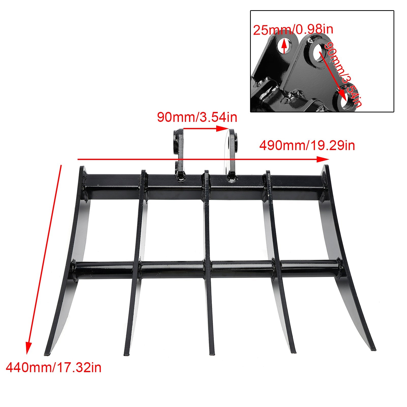 Mini Excavator Rake Attachment for 25mm Pins, 90mm Centers & 90mm Span, for Land Clearing & Root Removal