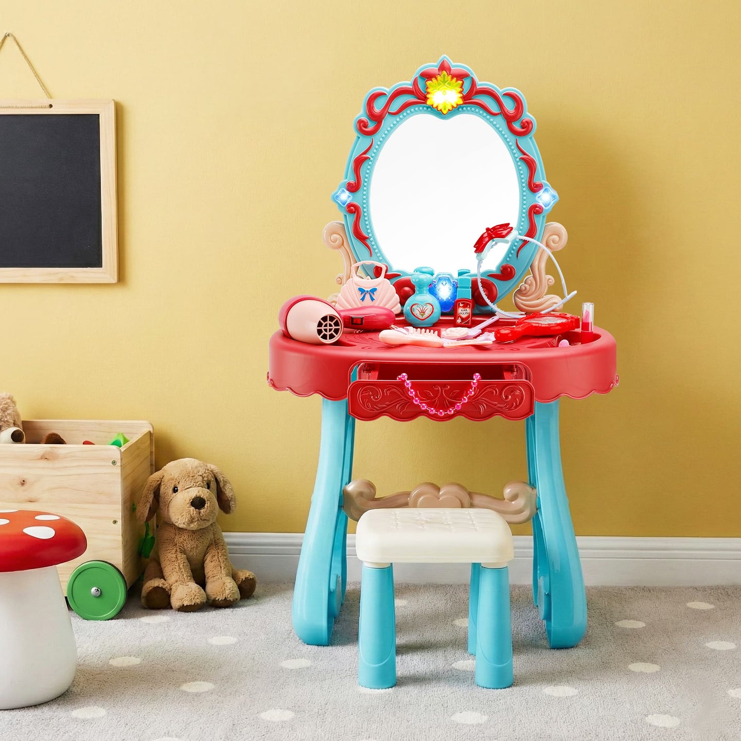 Toddler Makeup Table with Mirror and Chair Kids Vanity Set with Blowdryer for 3+