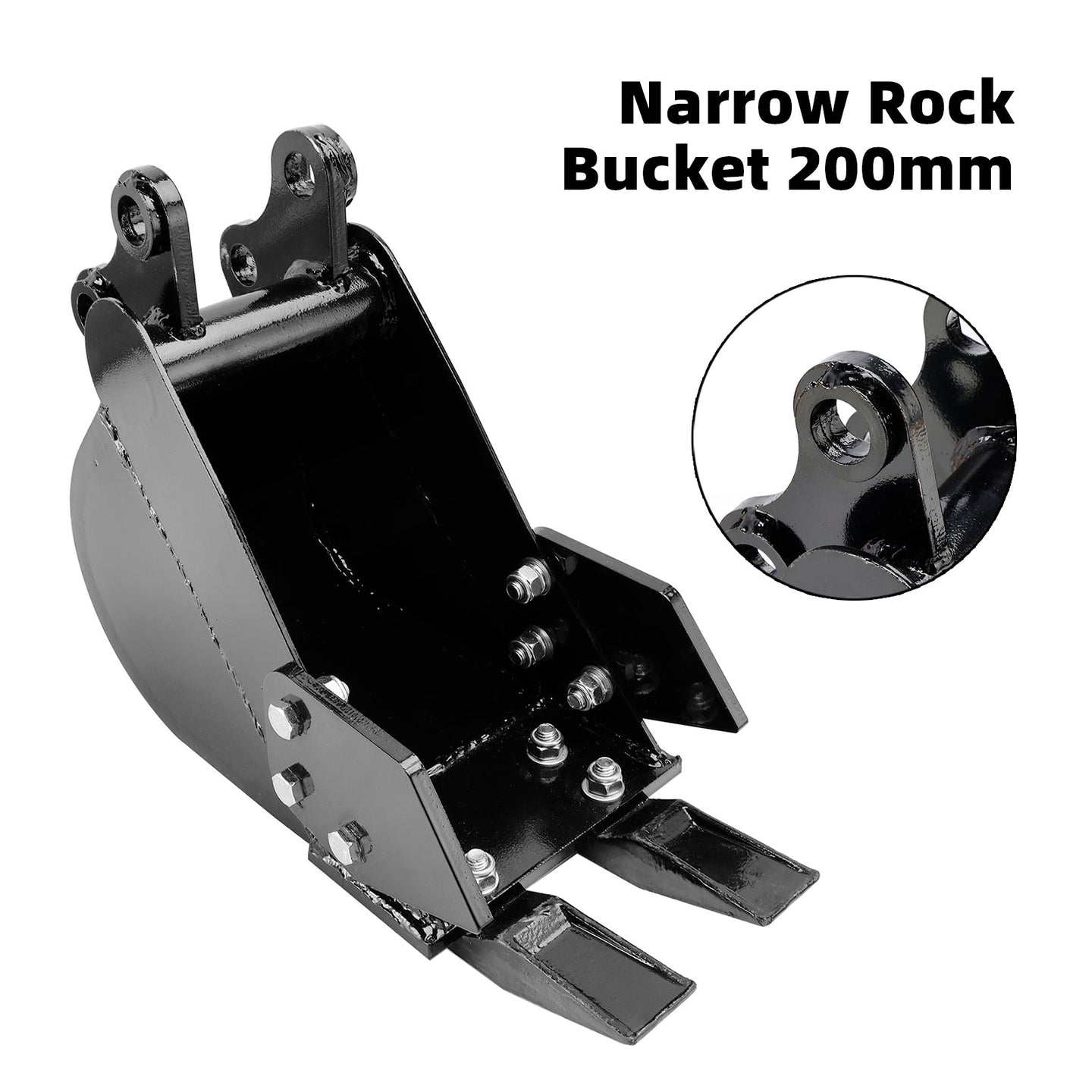8" (200mm) Mini Excavator Trenching Bucket, 2-Tooth, Fits 25mm Pins, 90mm Pin Centers, 90mm Span