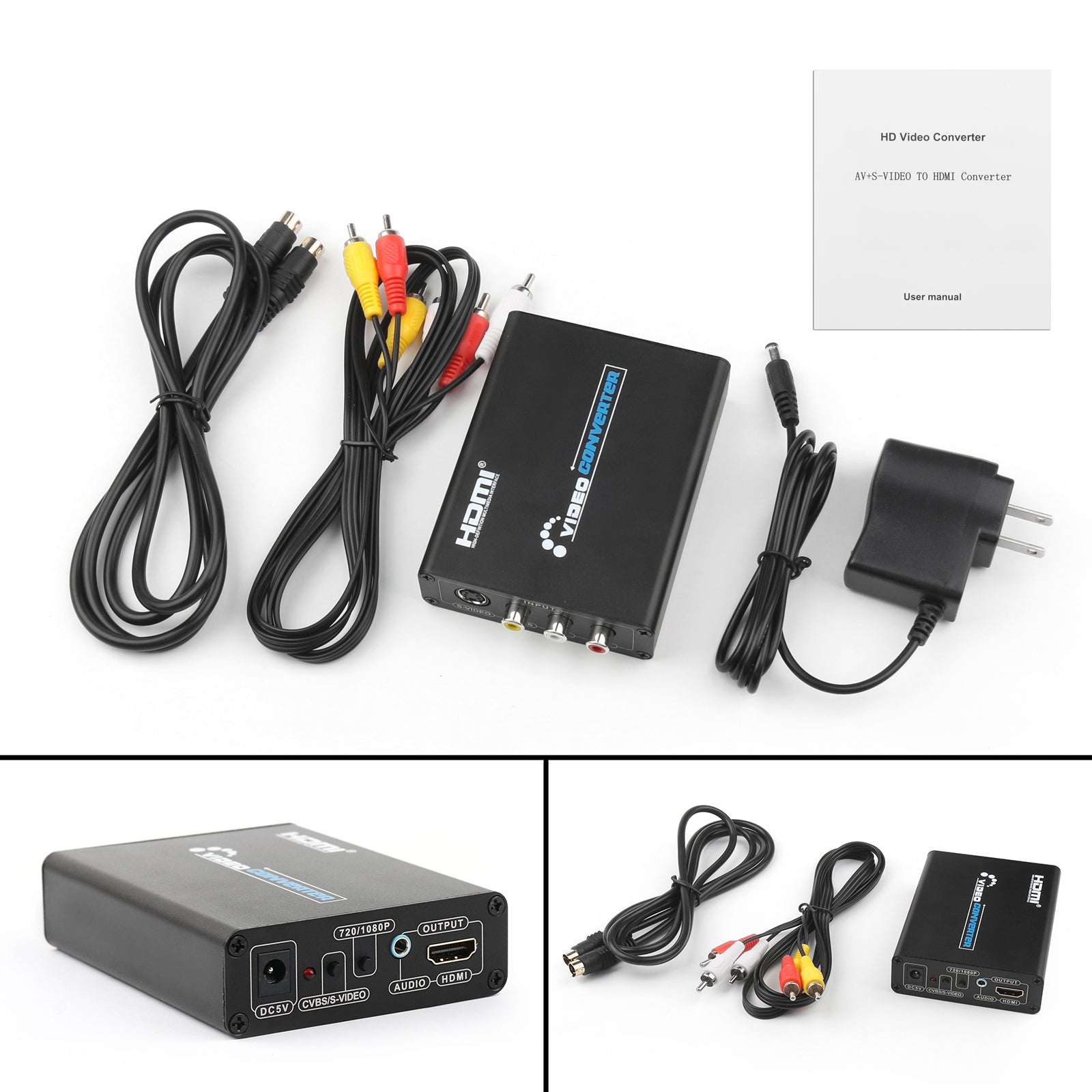 3 RCA AV+S-Video CVBS Composite R/L Audio to HDMI 1080P Converter US Plug Power