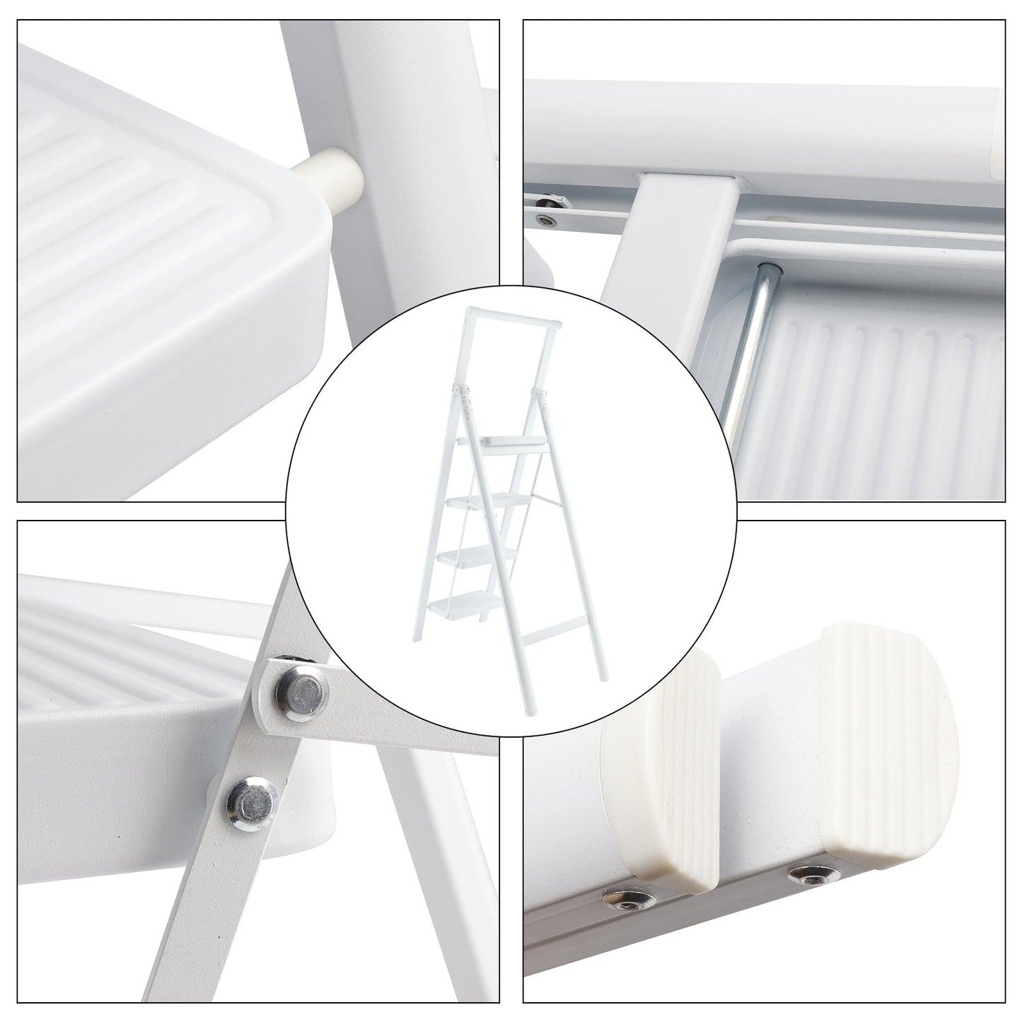 4-Step Ultra-Slim Folding Ladder, 2" Thick Carbon Steel Step Stool with Wide Anti-Slip Pedals, 330 lbs Capacity (White)