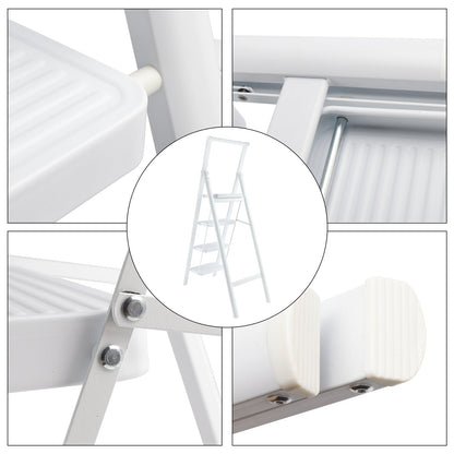 4-Step Ultra-Slim Folding Ladder, 2" Thick Carbon Steel Step Stool with Wide Anti-Slip Pedals, 330 lbs Capacity (White)