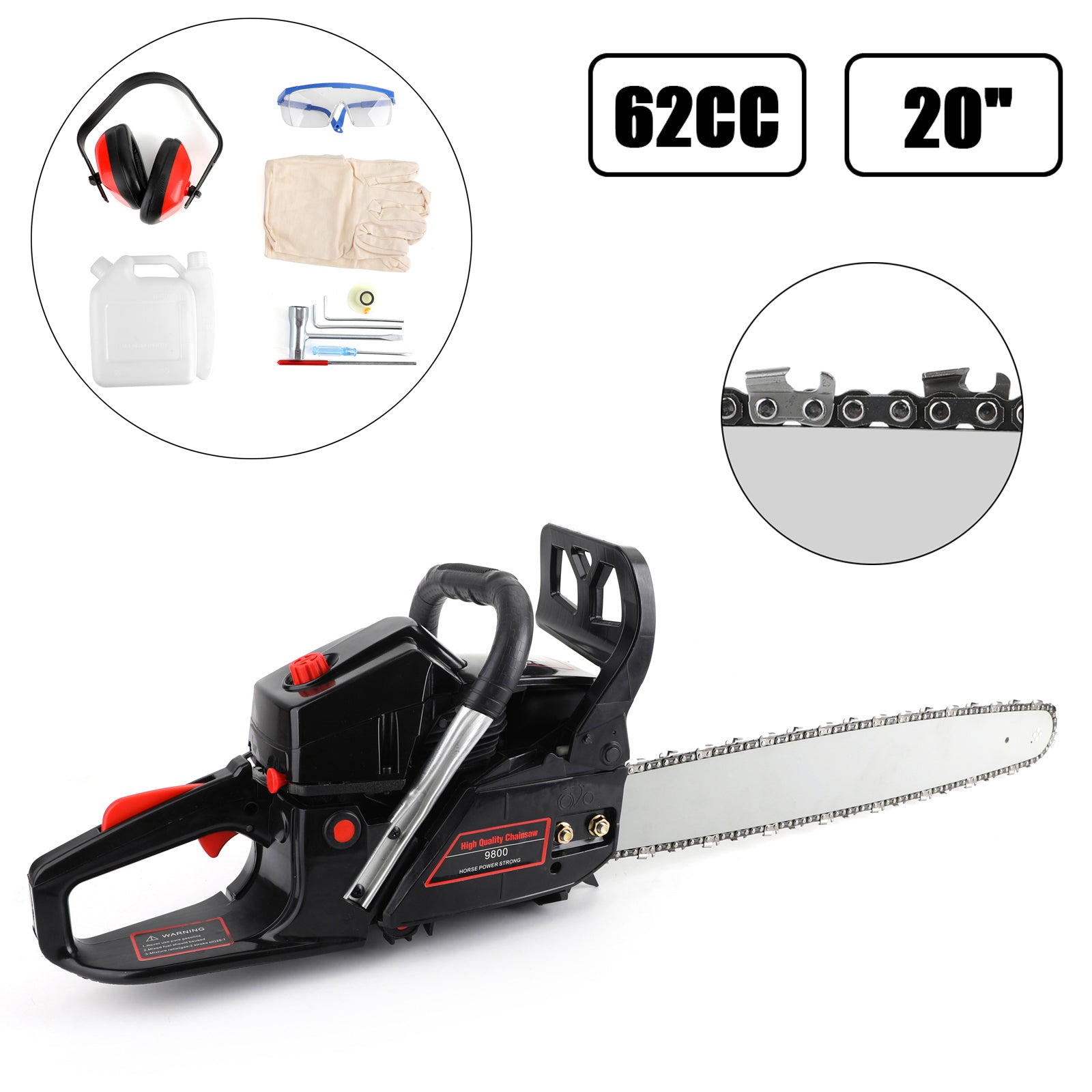 62cc Chain Saw 22'' Bar Powered Engine 2 Cycle Gasoline Chainsaw Black for Sale