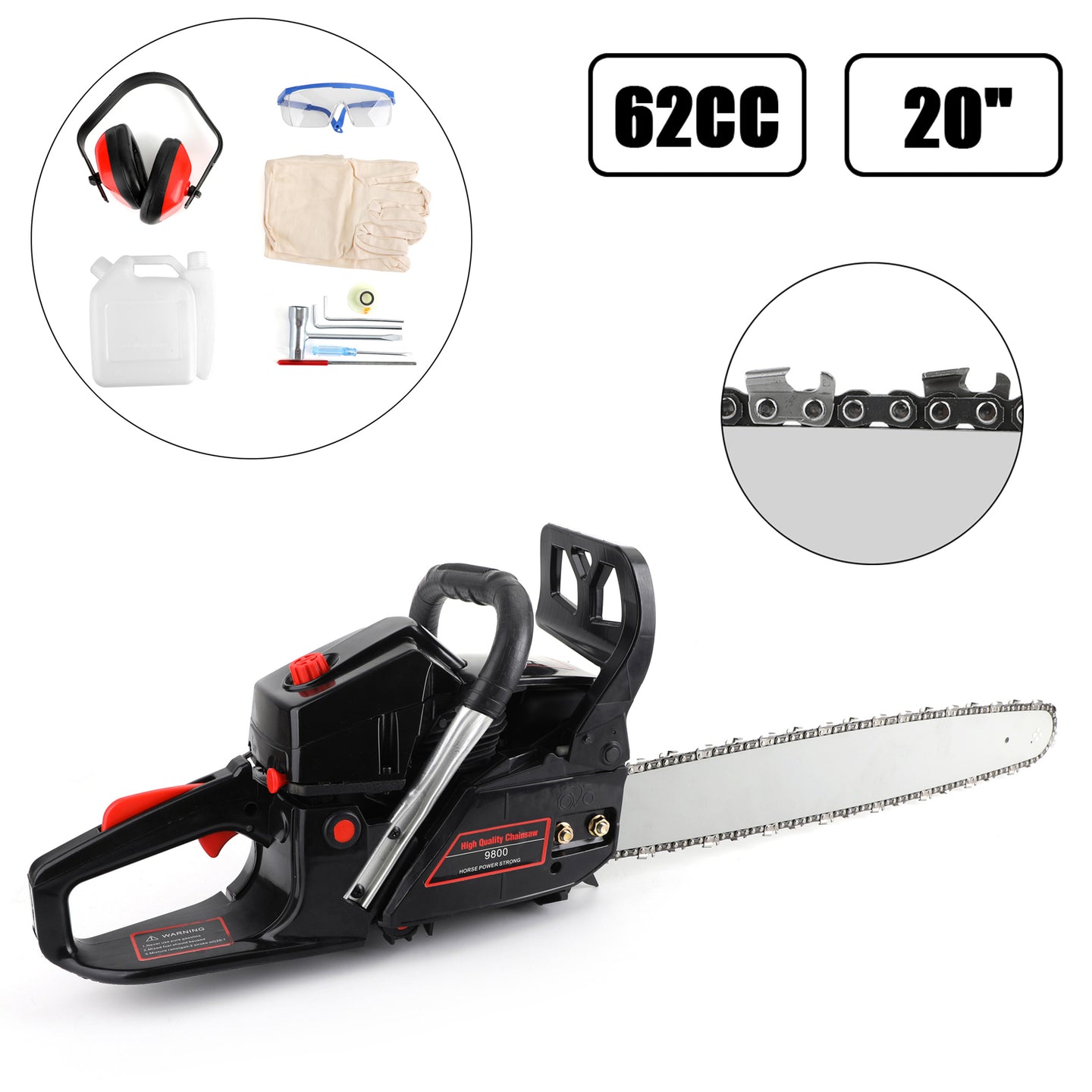 62cc Chain Saw 22'' Bar Powered Engine 2 Cycle Gasoline Chainsaw Black for Sale
