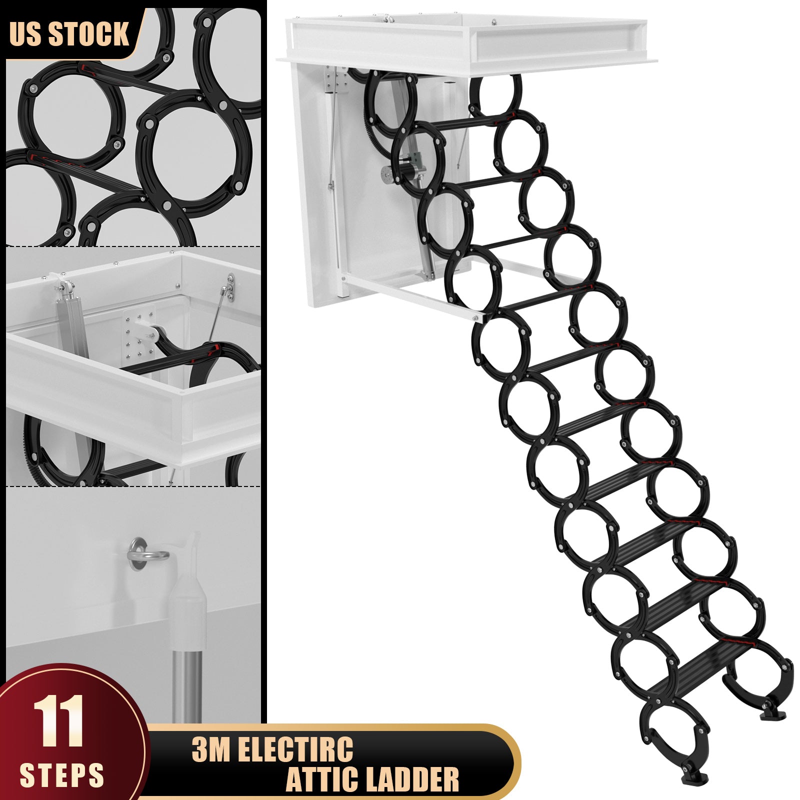 11 Steps 3m Electirc Attic Ladder Aluminum Folding With Remote Loft 31.5*35.4inch