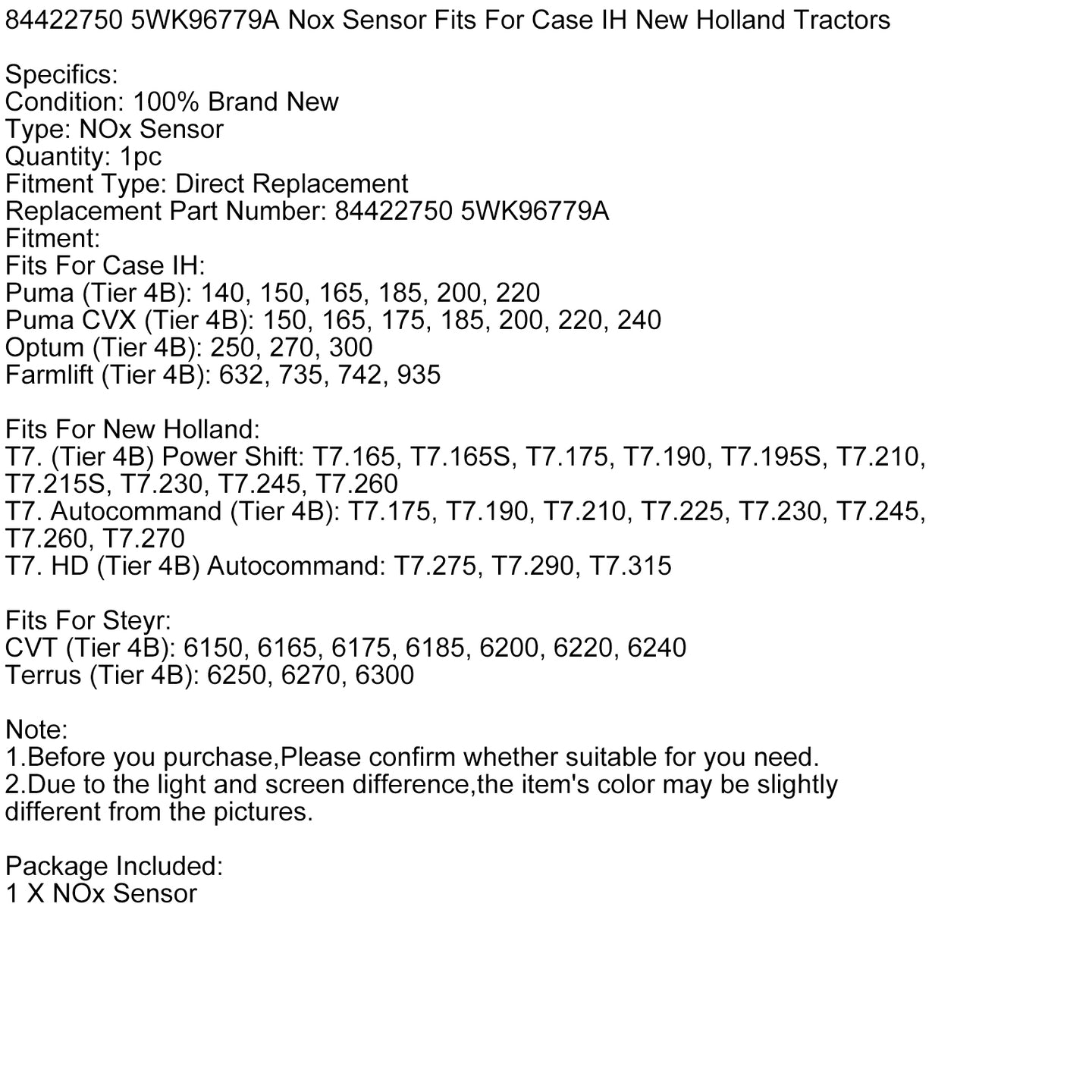Nitrogen Oxide Nox Sensor 84422750 5WK96779A For Case IH New Holland T7.175