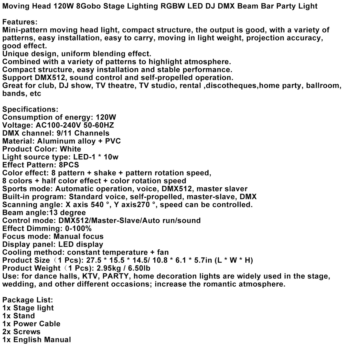 120W RGBW LED Moving Head Stage Light with 8 Gobo Patterns – DJ DMX Beam Party Lighting