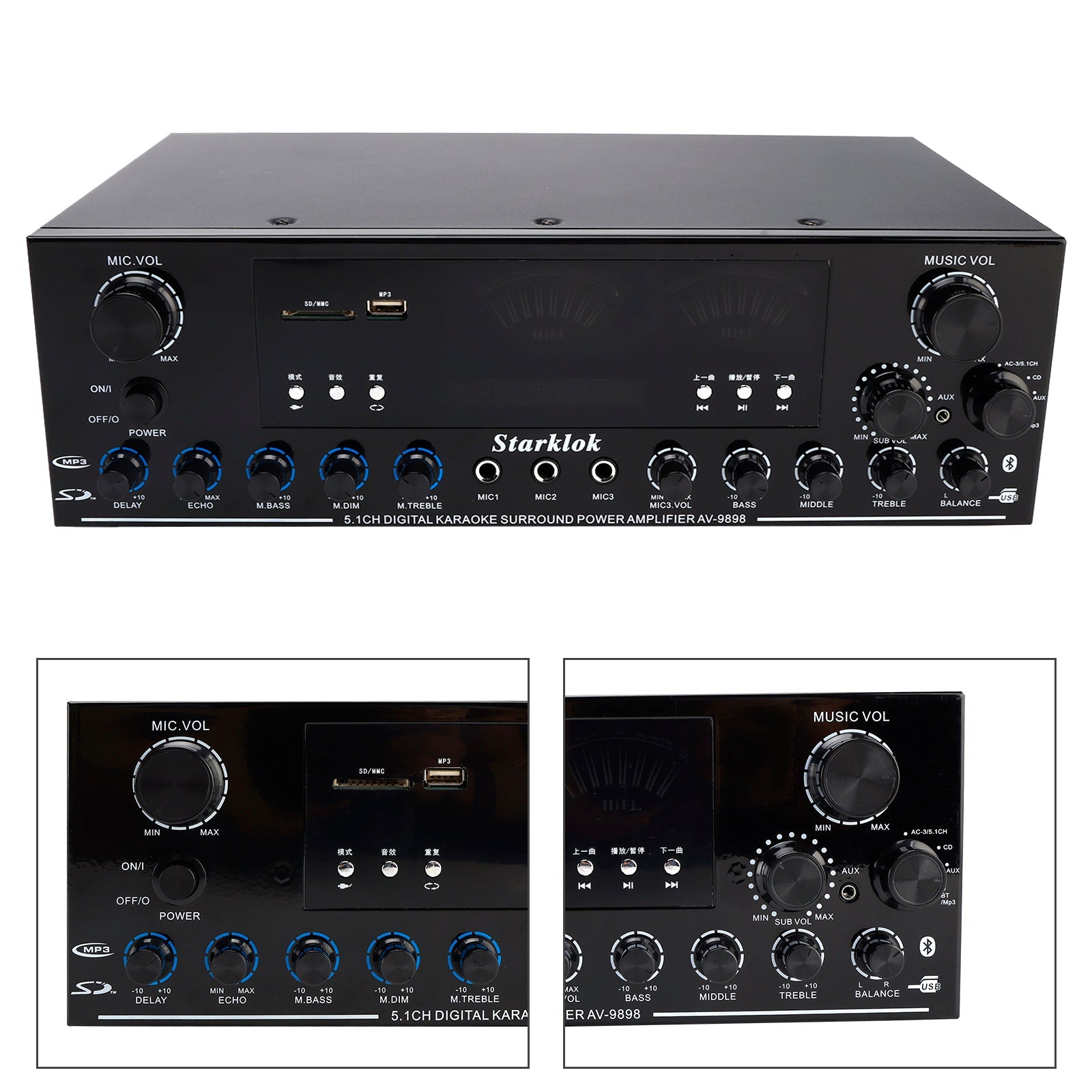 5.1 Channel Bluetooth Power Amplifier, 3000W HiFi Stereo Audio Amp with Subwoofer Output
