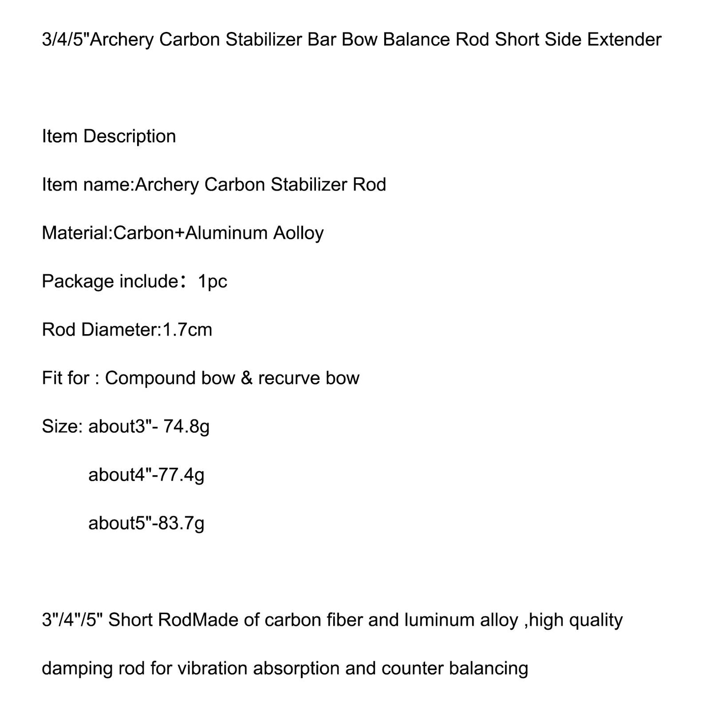 3/4/5 inch Archery Carbon Stabilizer Bar Short Side Extender