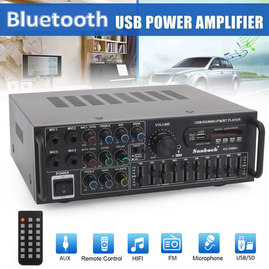 ☆2000W Bluetooth HiFi Power Amplifier Karaoke USB EQ Mixer SUNBUCK with Remote Control for Car and Home