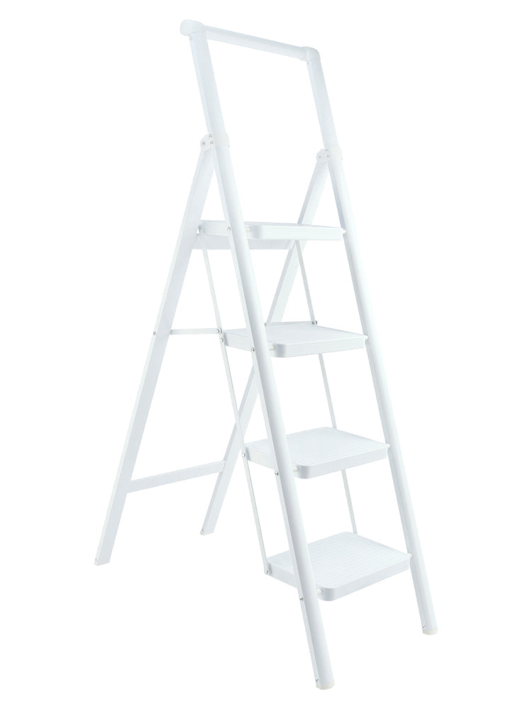 4-Step Ultra-Slim Folding Ladder, 2" Thick Carbon Steel Step Stool with Wide Anti-Slip Pedals, 330 lbs Capacity (White)