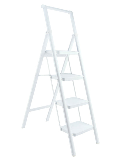4-Step Ultra-Slim Folding Ladder, 2" Thick Carbon Steel Step Stool with Wide Anti-Slip Pedals, 330 lbs Capacity (White)