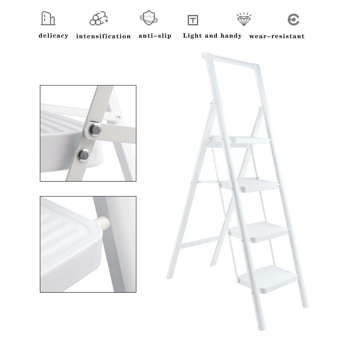 4-Step Ultra-Slim Folding Ladder, 2" Thick Carbon Steel Step Stool with Wide Anti-Slip Pedals, 330 lbs Capacity (White)