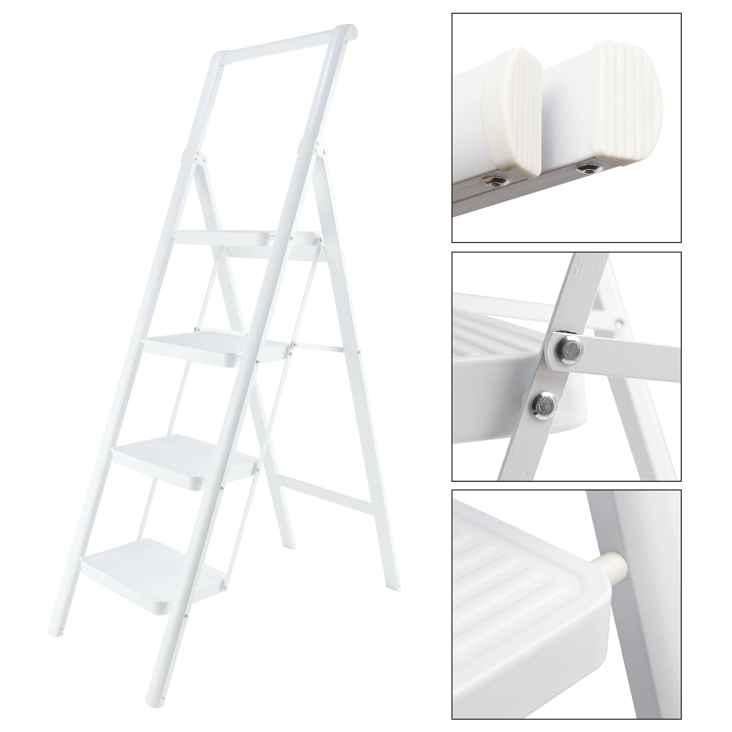 4-Step Ultra-Slim Folding Ladder, 2" Thick Carbon Steel Step Stool with Wide Anti-Slip Pedals, 330 lbs Capacity (White)
