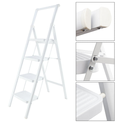 4-Step Ultra-Slim Folding Ladder, 2" Thick Carbon Steel Step Stool with Wide Anti-Slip Pedals, 330 lbs Capacity (White)