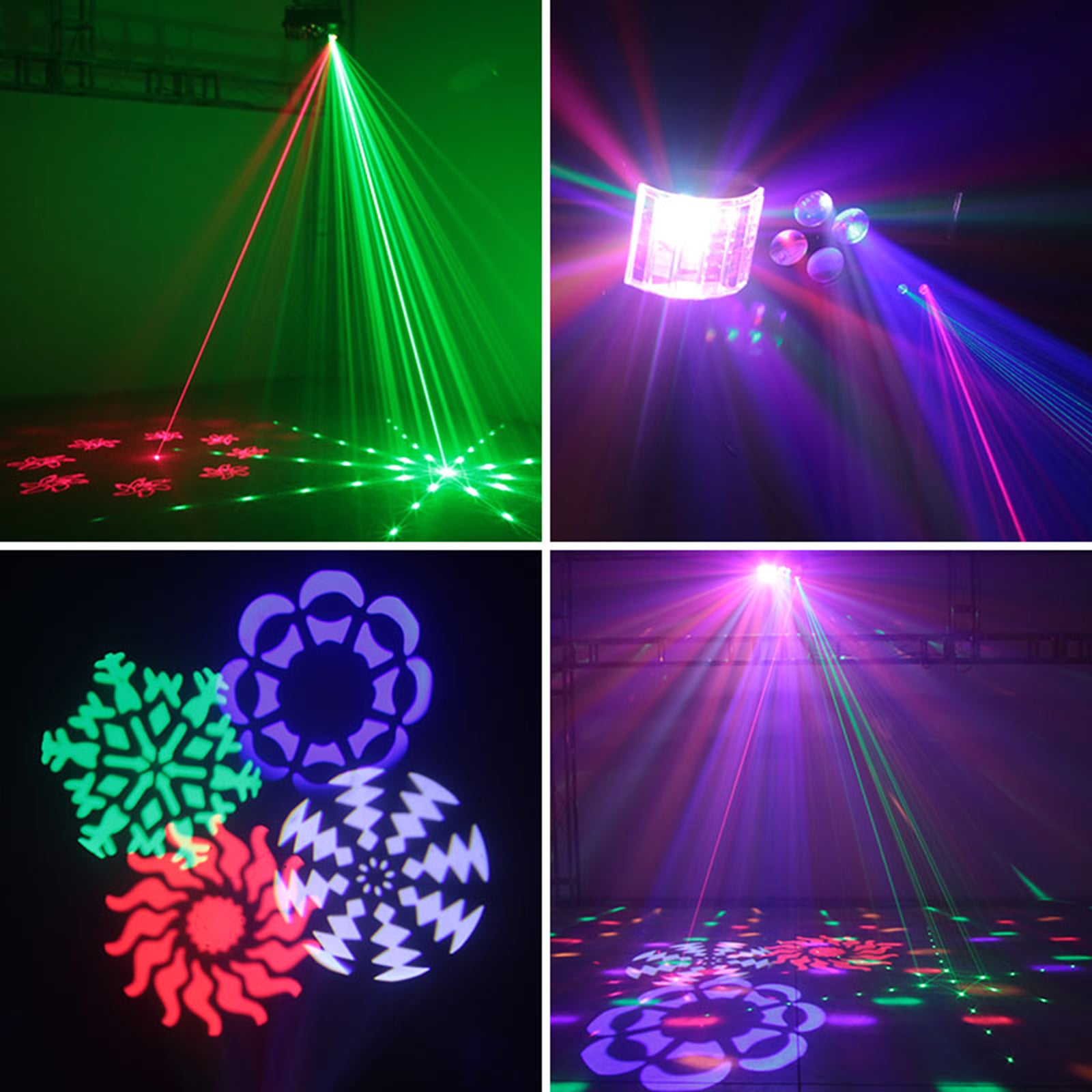4-in-1 LED DJ Party Light with RGBW Pattern, Laser & Strobe Effects, DMX & Remote Controlled Stage Lighting